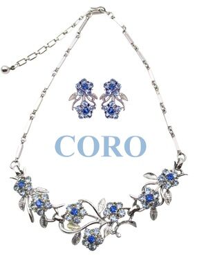 Vintage 1950 Coro Blue Rhinestone Floret Necklace•Clip-on Earrings Set. Pristine